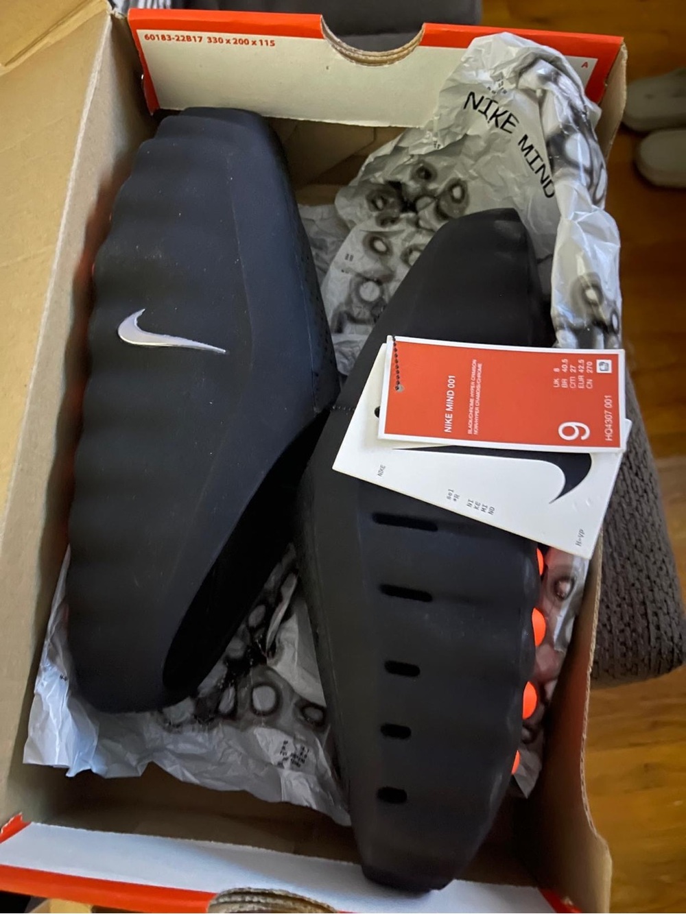 Nike Black Foam Slide Sandals with Orange Accents